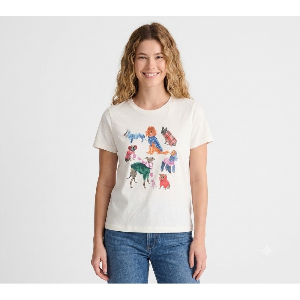 J Crew Top Womens XS White Dog Graphic Collector Tee Cotton T Shirt Crew CL156